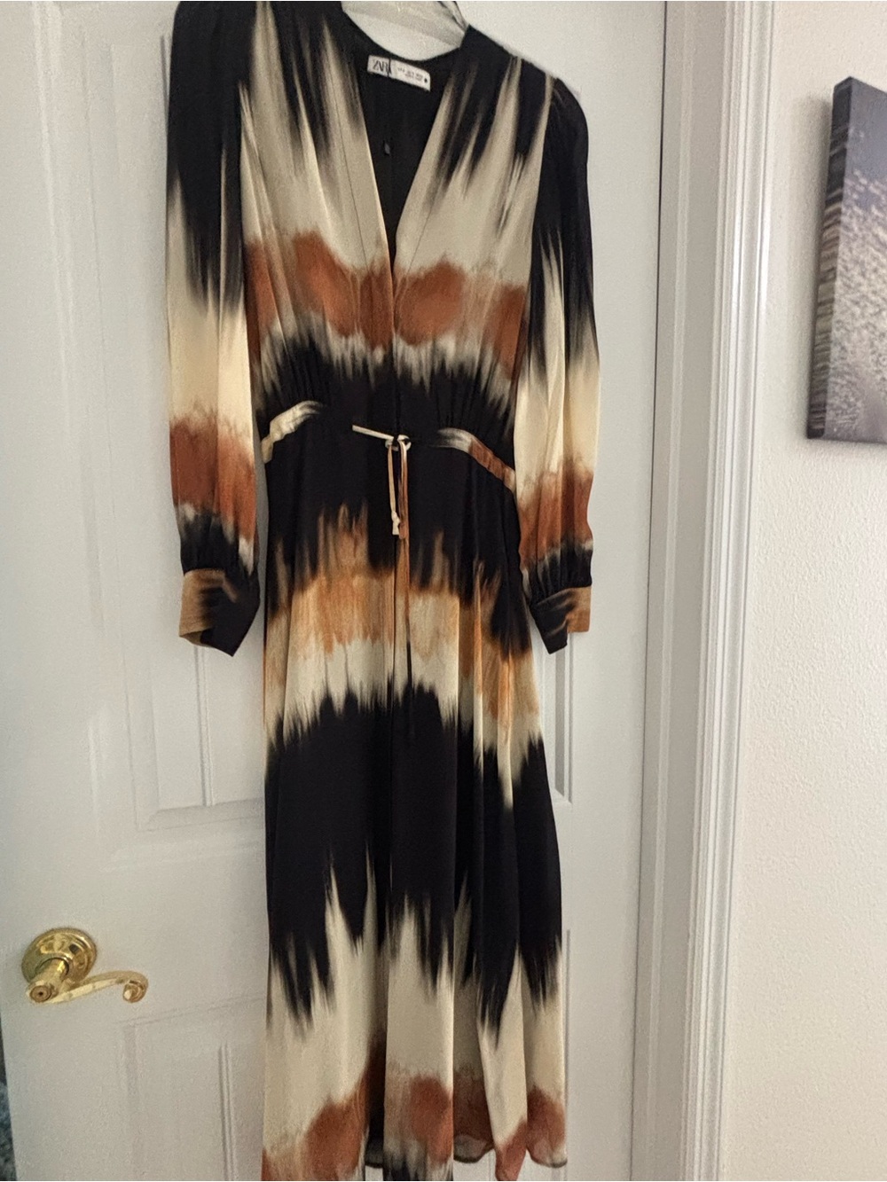 Zara Black, Cream & Brown Tie-Dye Long Sleeve Midi Dress